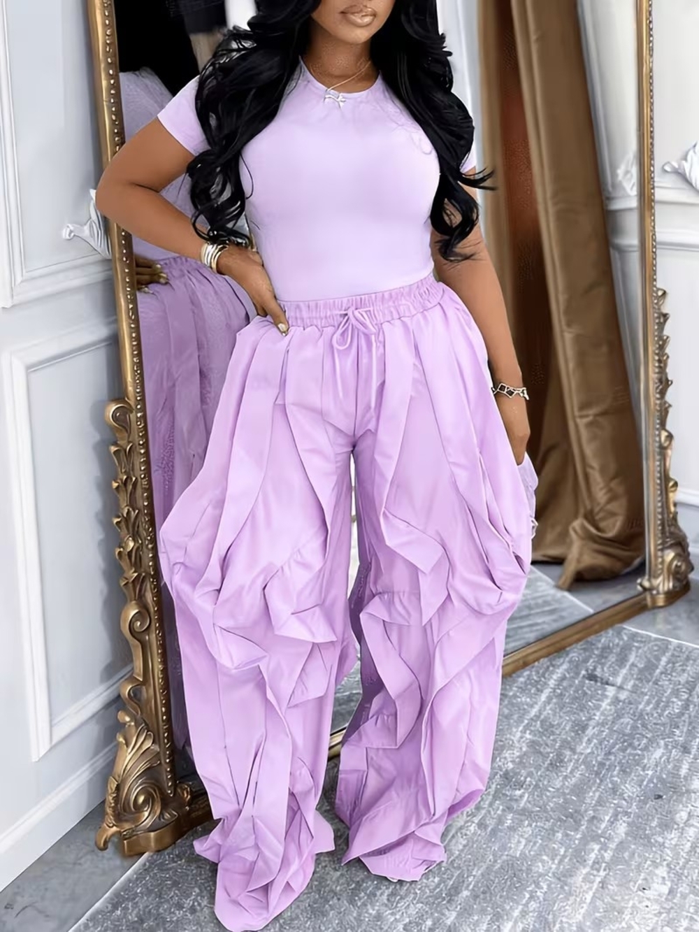 Women's Lavender Ruffle Wide-Leg Pants & Top Set